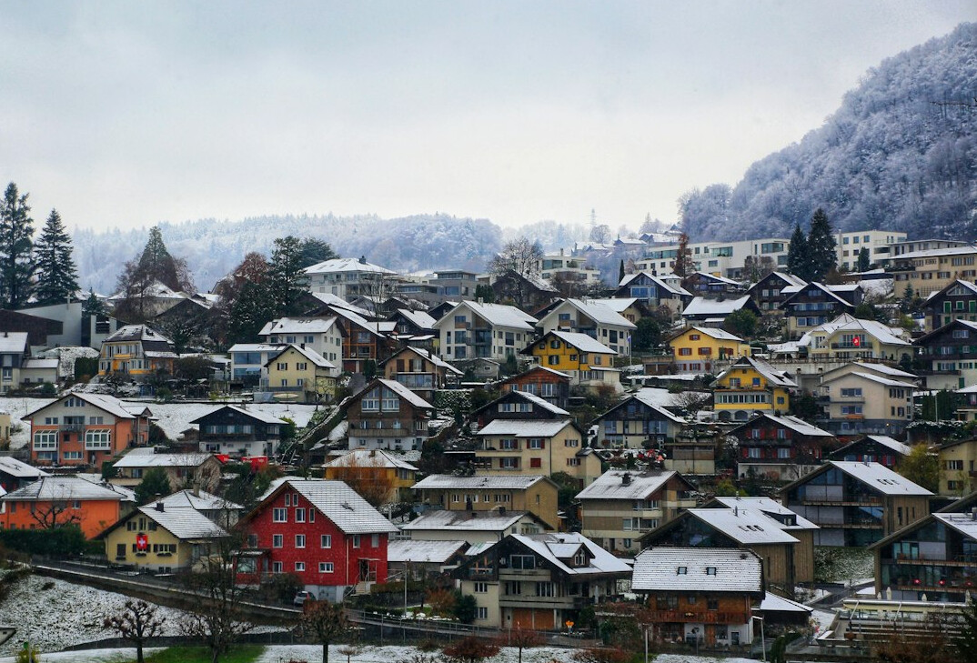 Swiss mountain landscape with small town